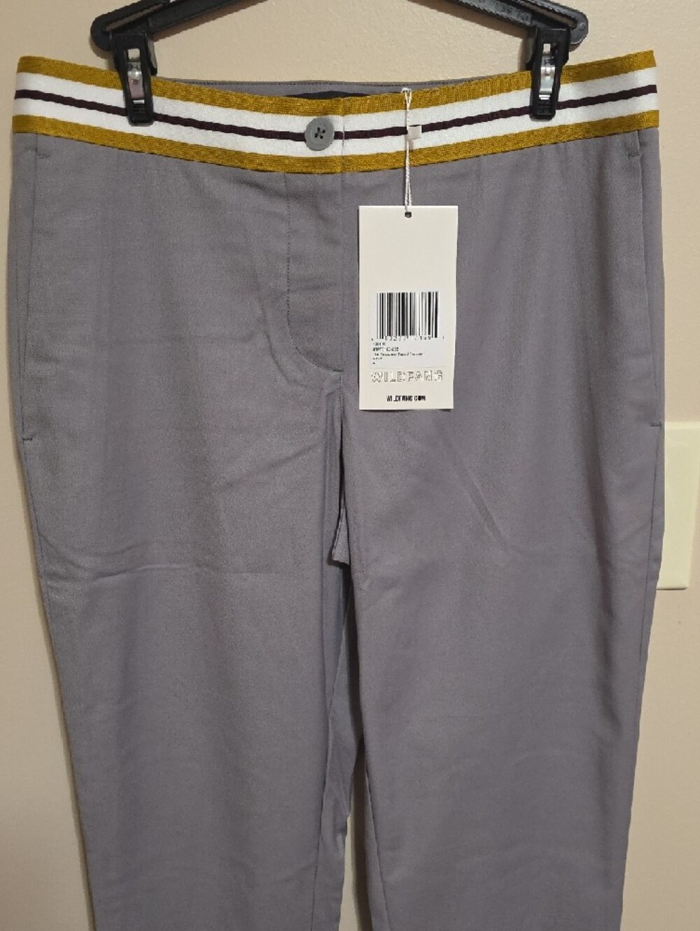 Wildfang Gray Skinny Pants with Yellow & White Striped Waistband - Picture 2 of 12